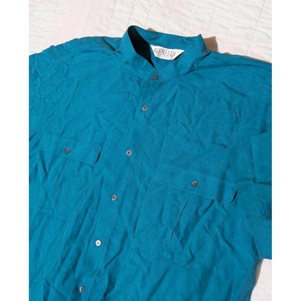 Genelli Vintage 50s 100% Silk Blue Camp Shirt Flap Pockets Band Collar Men Large